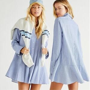 Free People All For You Striped Shirt Dress Large Blue White Stripe Preppy Beach